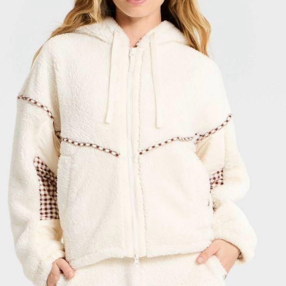 JoyLab Cream Sherpa Zip Hoodie with Gingham Trim